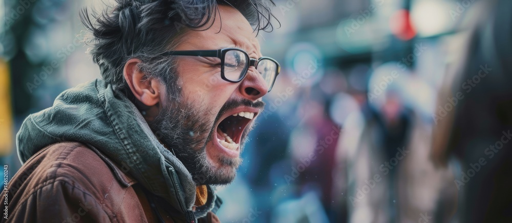 A man with glasses and a beard is shown in a moment of intense emotion, screaming loudly in a dramatic confrontation. His facial expression and body language convey strong emotions and anger. A man with glasses and a beard is shown in a moment of intense emotion, screaming loudly in a dramatic confrontation. His facial expression and body language convey strong emotions and anger.