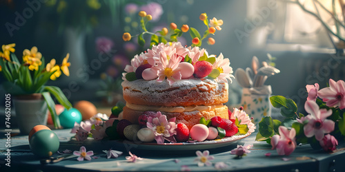 Cake adorned with flowers and fruits in enchanted garden generative IA