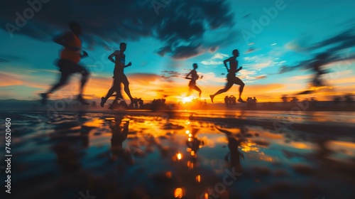 Silhouettes of runners on racetrack during sunset, in the style of close-up