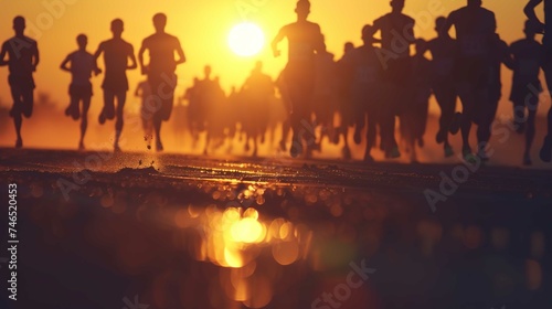 Silhouettes of runners on racetrack during sunset, in the style of close-up