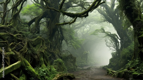 Enchanted forest with gnarled trees, twisting vines, and mysterious creatures lurking in shadows