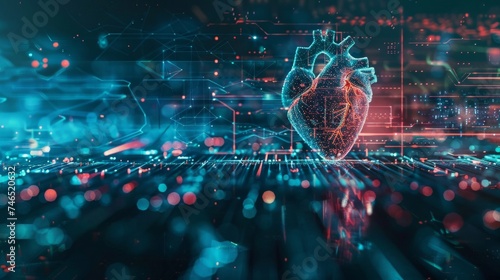 Digital representation of a human heart with glowing elements on a technological background. photo