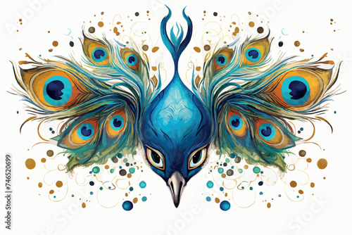 Arts painted a colorful peacock feather on a white background stained watercolor paint.