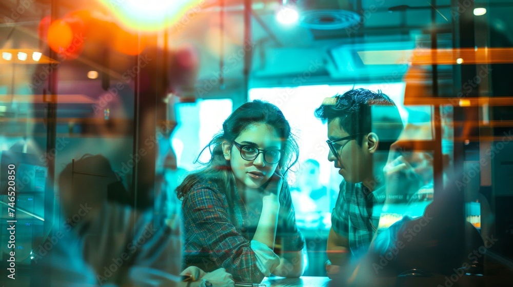 A young couple engaged in an intimate conversation inside a vibrant cafe setting at night. A young couple engaged in an intimate conversation inside a vibrant cafe setting at night.