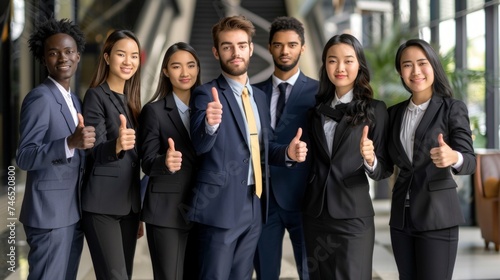 A multicultural group of professionals in suits posing with thumbs up in a modern office environment.