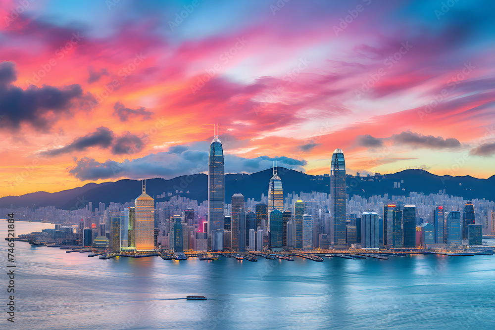 Captivating Cityscape during Vibrant Sunset against Silhouetted Skyscrapers & Serene Mountains