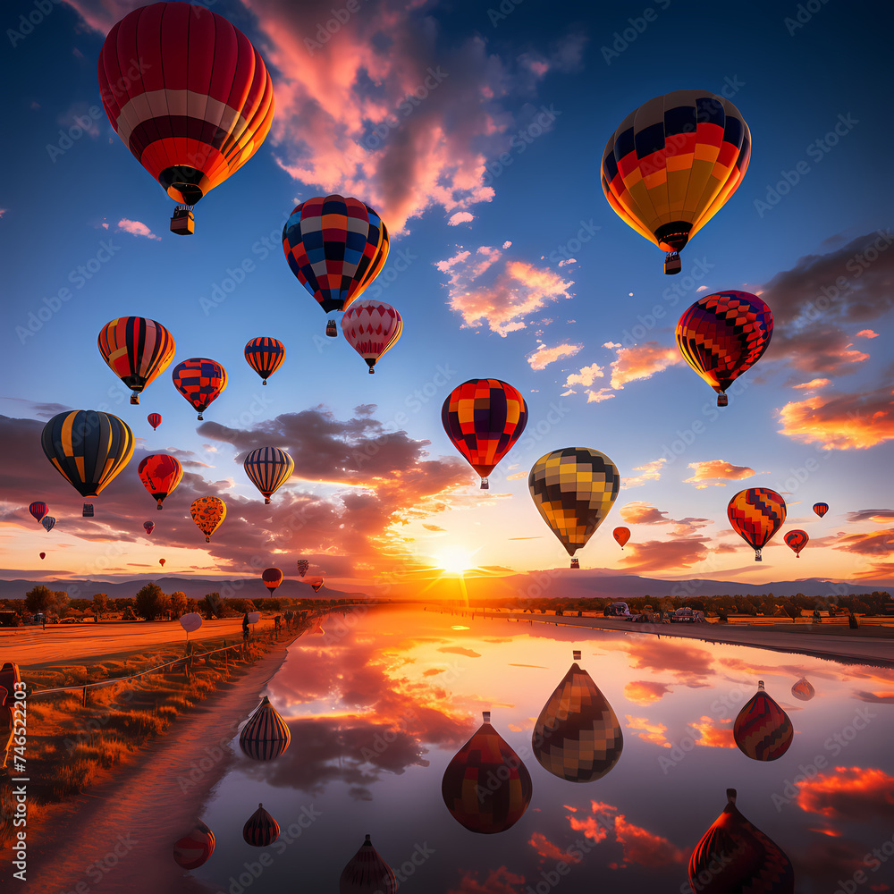 A colorful hot air balloon festival against a sunrise