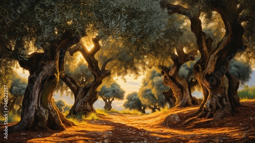 Sun dappled olive grove with ancient trees reaching skyward, silvery leaves shimmering in breeze