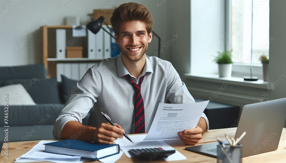 Portrait of a young businessman working with documents and an invoice while seated at a desk in the office and grinning at the camera Portrait of a young businessman working with documents and an invoice while seated at a desk in the office and grinning at the camera