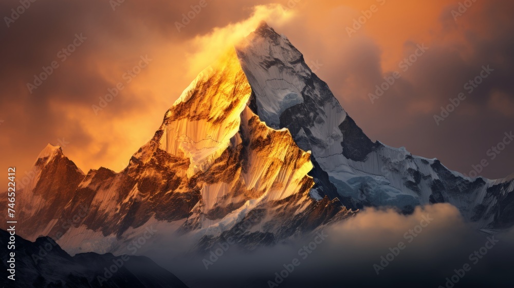 Snow capped mountain peak rising above clouds, majestic panorama of jagged peaks and valleys below