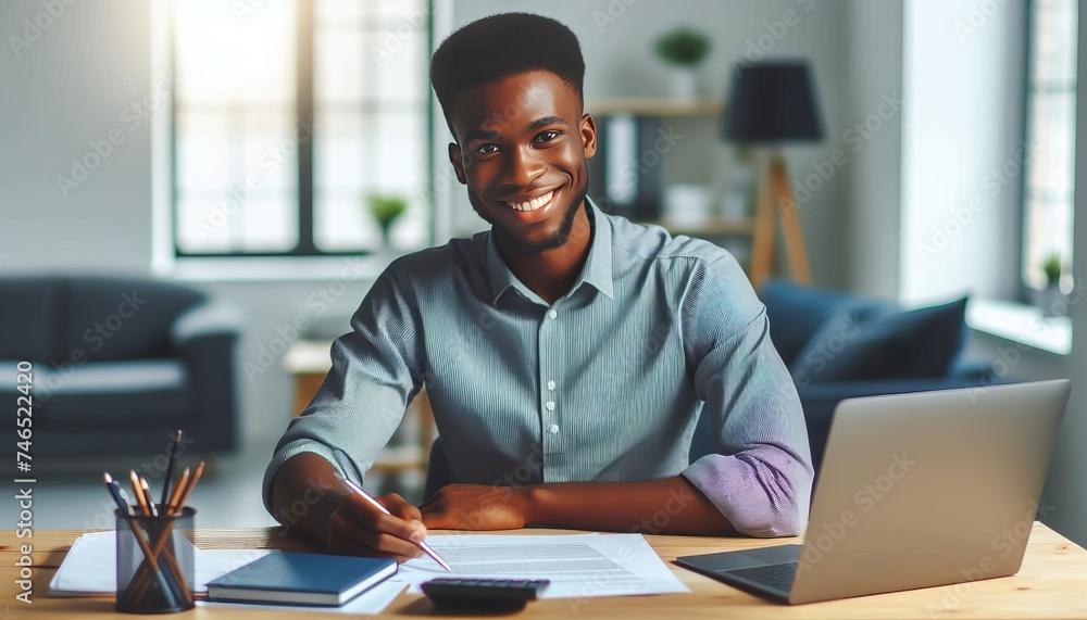 Portrait of a young businessman working with documents and an invoice while seated at a desk in the office and grinning at the camera Portrait of a young businessman working with documents and an invoice while seated at a desk in the office and grinning at the camera