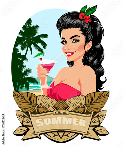 Pin-Up girl on the beach with cherry drink, classic summer