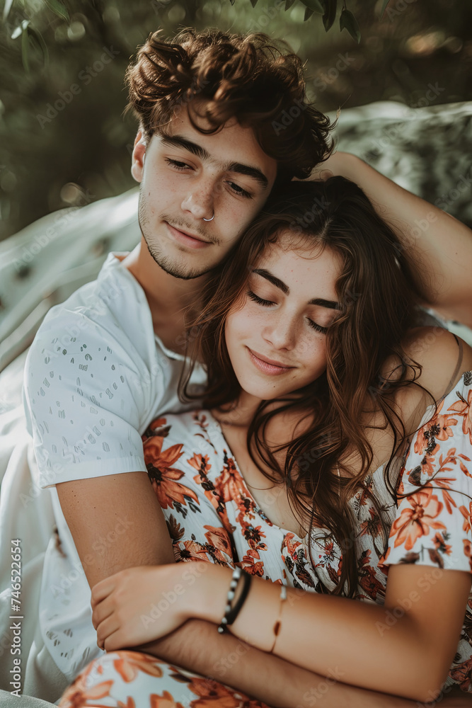 Young adult couple in love sitting and hugging at summer park Young adult couple in love sitting and hugging at summer park