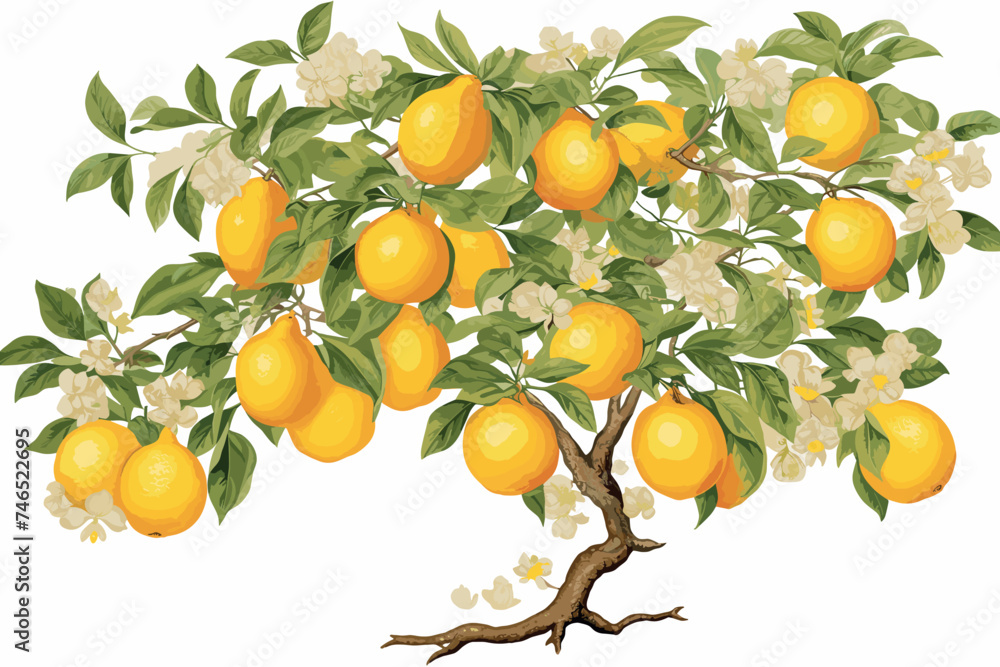 Great illustration of beautiful yellow lemon fruit on a branch with green leaves isolated on white background.
