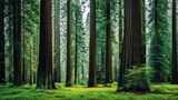 Majestic redwood forest  towering trees with moss covered trunks reaching for the sky
