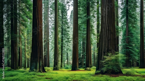 Majestic redwood forest towering trees with moss covered trunks reaching for the sky