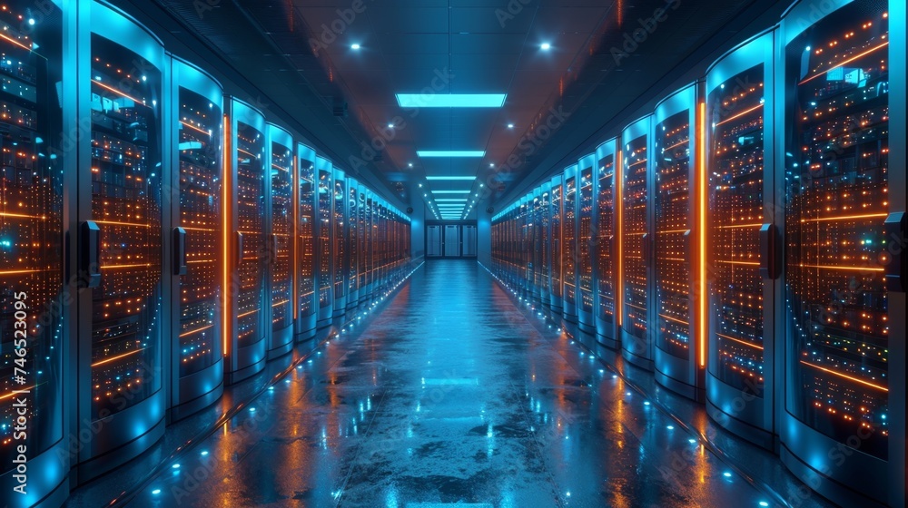 Technology concept data center server row control room cloud computing neon light background - obrazy, fototapety, plakaty 