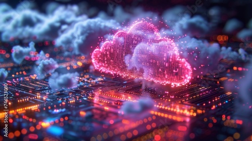 Cloud computing technology concept. Floating over a colorful background server hardware circuitry.
