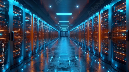 Technology concept data center server row control room cloud computing neon light background photo
