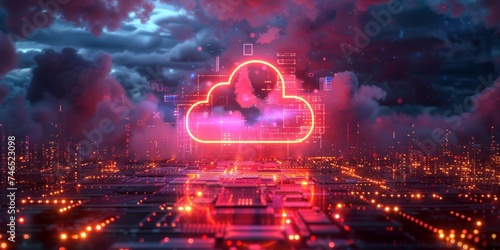 cloud computing technology concept neon glowing. Floating over a colorful background server hardware circuit.