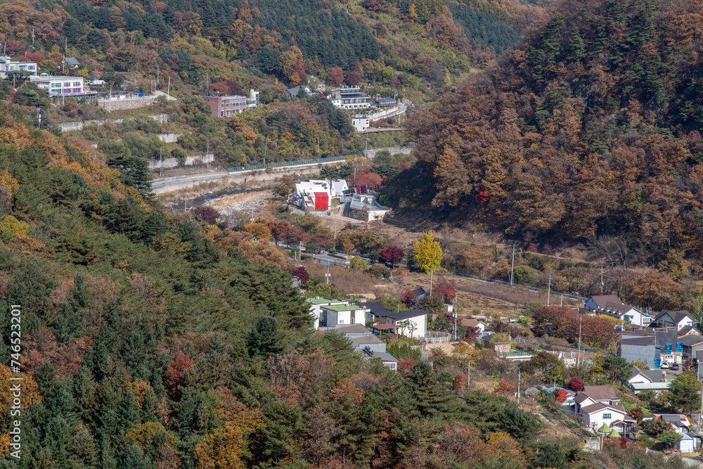 High-angle view of the autumn valley