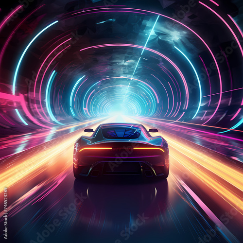 A futuristic car zooming through a tunnel of neon lights © Cao