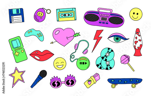 Retro set of 1990s elements. Vintage boombox, audio CD player, cassette and others. Nostalgic doodle badges