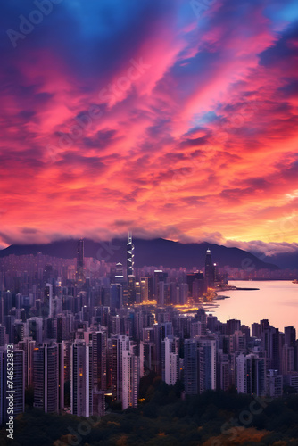 Captivating Cityscape during Vibrant Sunset against Silhouetted Skyscrapers & Serene Mountains