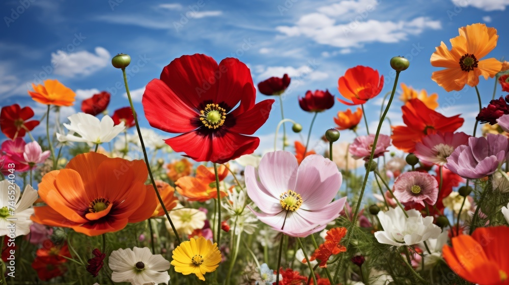 Obraz premium Tranquil countryside meadow with wildflowers, bees, and butterflies creating a serene scene.
