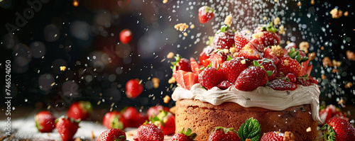 Strawberry Cake with Whipped Cream and Festive Garnish photo