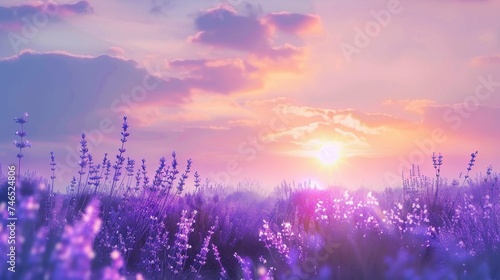 Ethereal Lavender Field at Sunset Anime Background. © CommerceAI