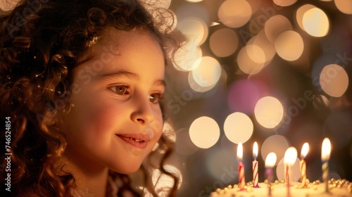 Curly-haired child smiling with delight at a birthday cake with lit candles. © tashechka