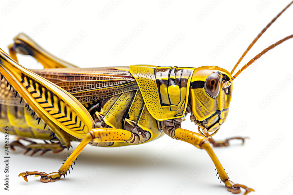 Fototapeta premium Close-up of a yellow grasshopper against a white background