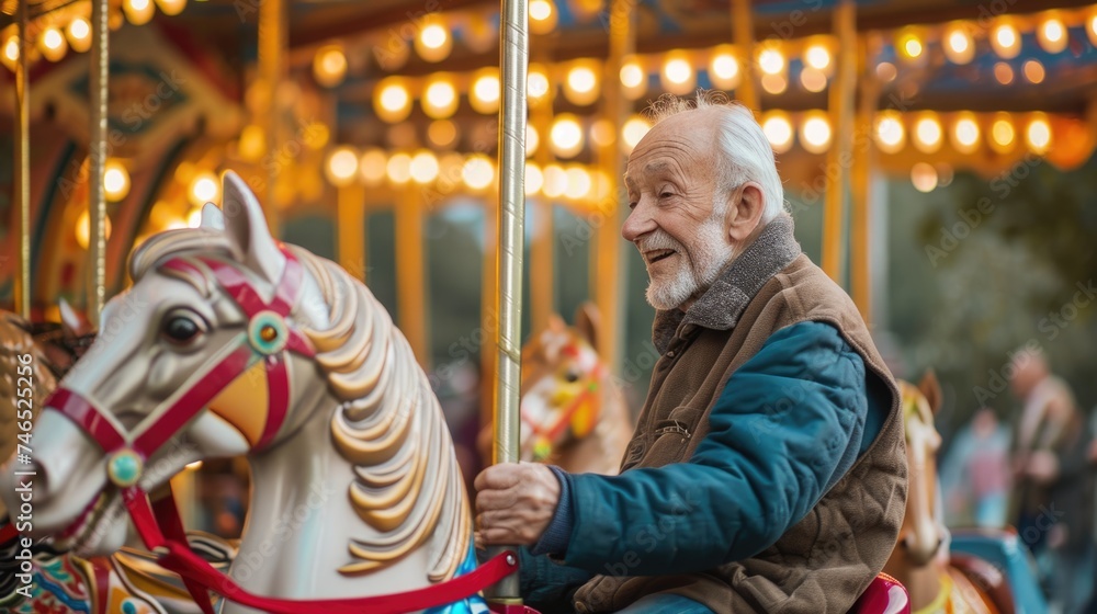 Riding the Carousel of Life - Old Man Enjoys a Smiling Merry-Go-Round Horse Ride. Fictional Character Created By Generated By Generated AI.