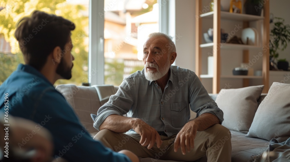 An older man engaging in a conversation with a younger individual. Fictional Character Created By Generated By Generated AI. An older man engaging in a conversation with a younger individual. Fictional Character Created By Generated By Generated AI.