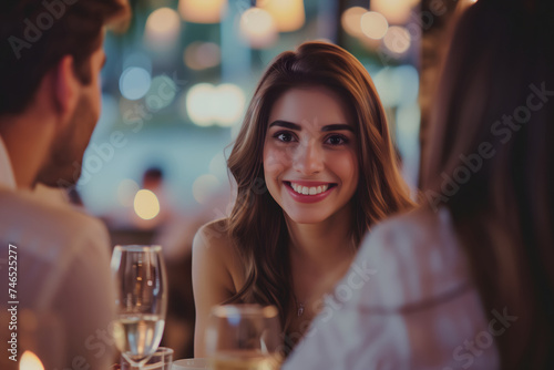 smiling young adult woman dating with young adult man at the restaurant