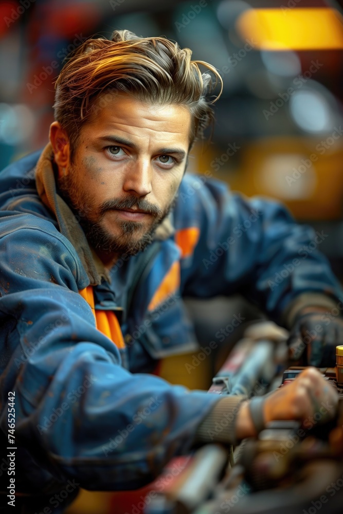 With a calm demeanor, the mechanic efficiently carries out repairs on a customer's vehicle, demonstrating his confidence in his skills as he tackles each task with precision and expertise With a calm demeanor, the mechanic efficiently carries out repairs on a customer's vehicle, demonstrating his confidence in his skills as he tackles each task with precision and expertise