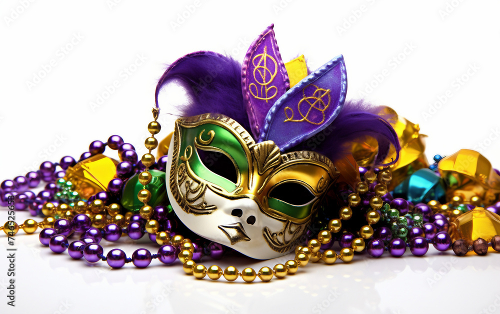 Mardi Gras Mask and Beads Arranged in Artful Design Isolated on White Background.