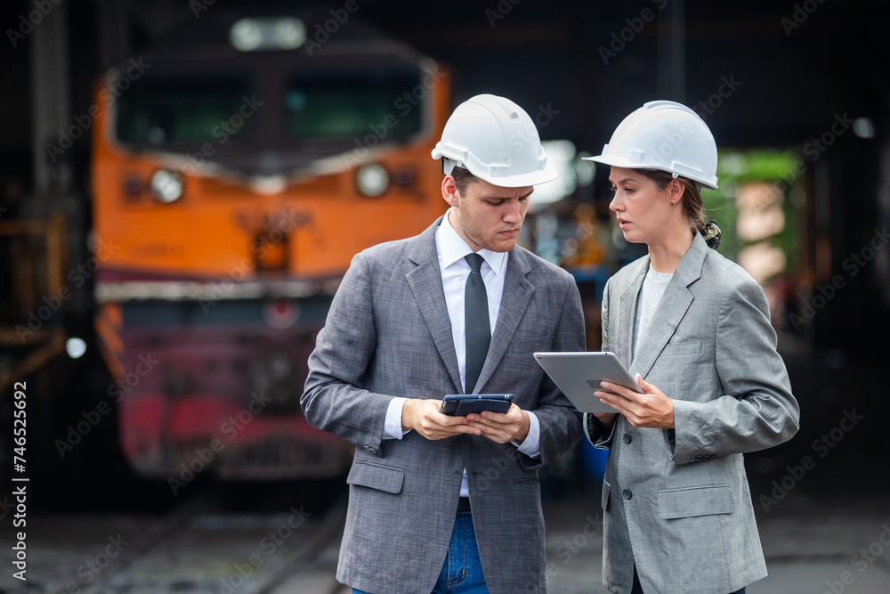 Railway technician engineer wearing safety uniform and safety helmet holding tablet check work plan standing at site railroad station. Railway technician engineer wearing safety uniform and safety helmet holding tablet check work plan standing at site railroad station.