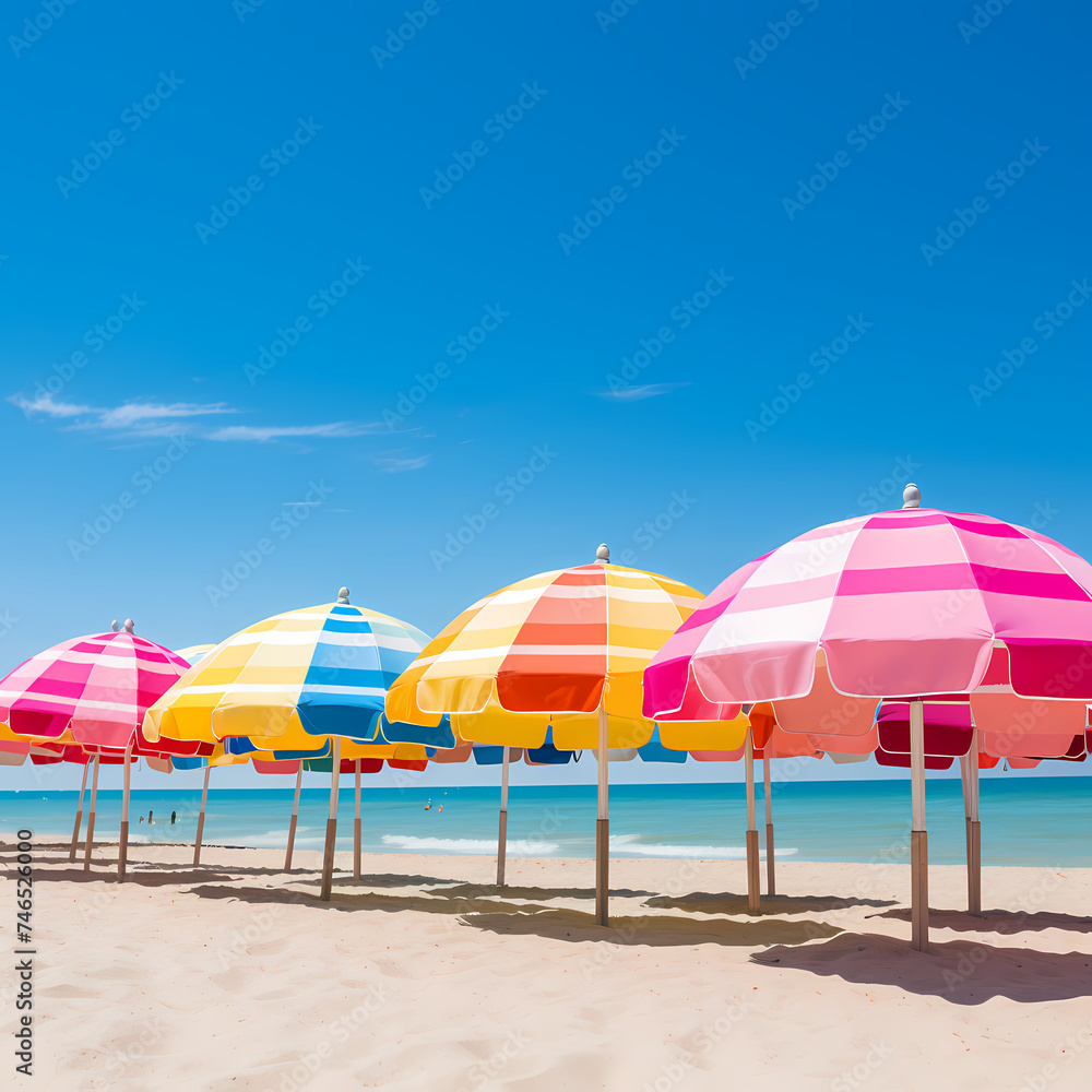 A row of colorful beach umbrellas against a sunny sky.