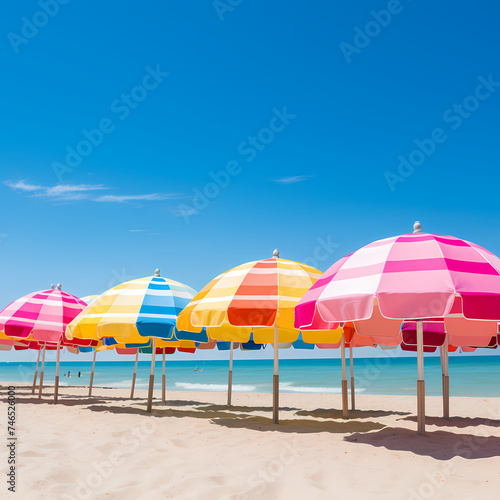 A row of colorful beach umbrellas against a sunny sky.