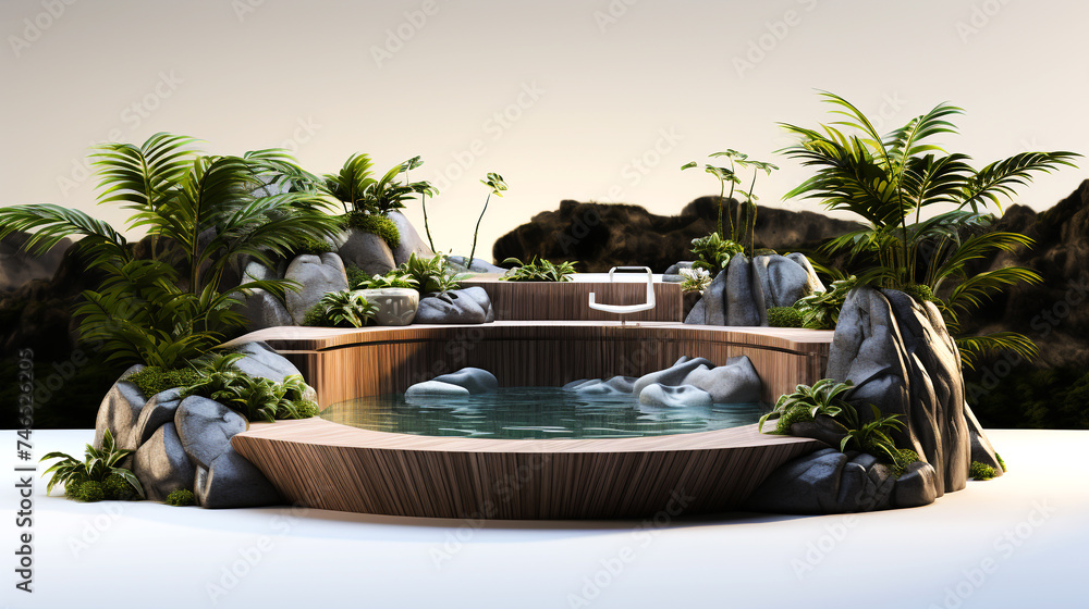 Outdoor bathtub made of wood Surrounded by tropical plants, natural mountain views, luxury spas, lifestyle images,