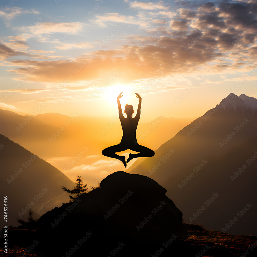 A silhouette of a person doing yoga on a mountaintop