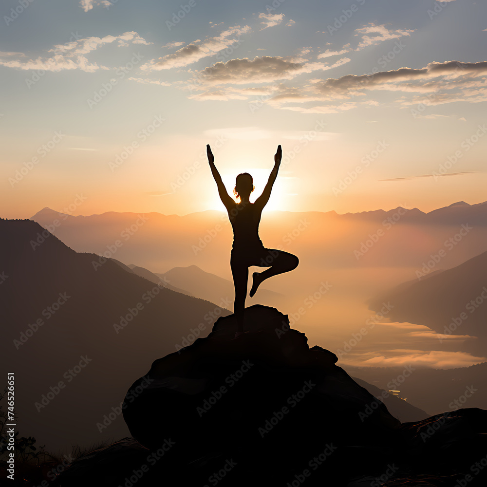 A silhouette of a person doing yoga on a mountaintop