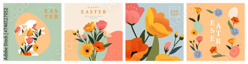 Happy Easter Set of greeting cards, posters, holiday covers. Trendy design with typography, spring hand drawn flowers, dots, eggs and bunny in pastel colors. Modern art minimalist style.