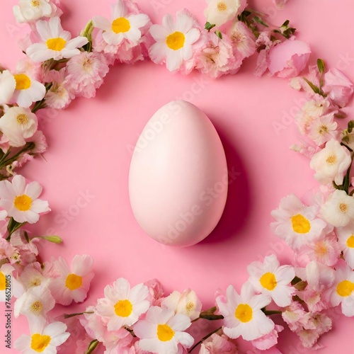 An Easter egg surrounded by flowers on a pink background  fantastic realism.