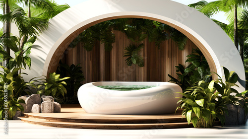 Outdoor bathtub surrounded by tropical wood  luxury spa  lifestyle image  top view