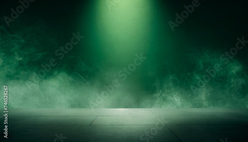 Dark street, asphalt abstract green background, empty dark scene, neon light, spotlights The concrete floor and studio room with smoke float up the interior texture for display products, Night view 