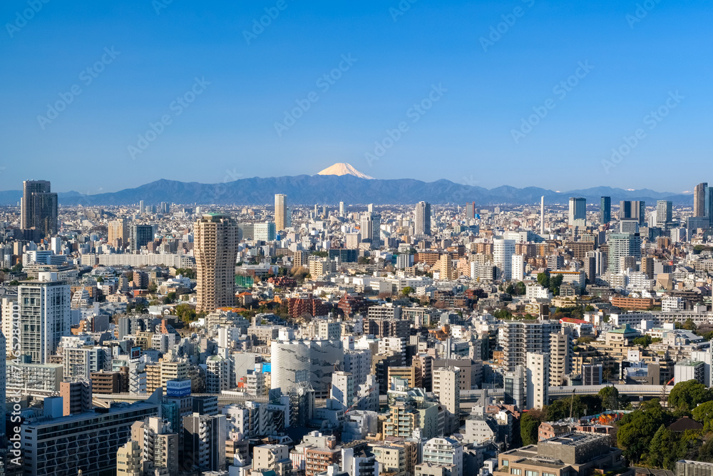 東京都 東京タワーから見る快晴の東京と富士山