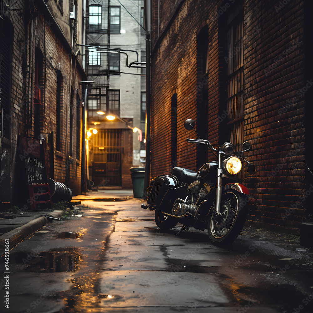 A vintage motorcycle parked in an alley.